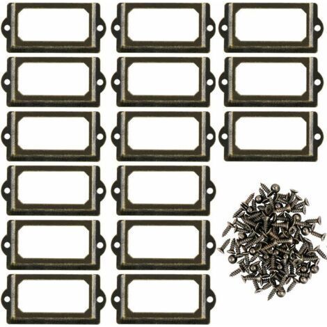Pack of 15 Metal Label Holders with Screws for Desk, Bookcase, Bookshelf, Shelves, Bronze, Size 70 x 33 mm (1/4)