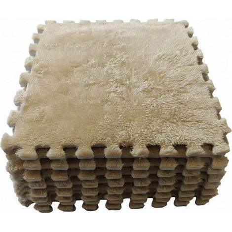 Tapis de sol emboîtables polaire douce, dalles mousse EVA souple 33x33 cm, revêtement modulaire rembourré beige pour chambre et salon (1/5)