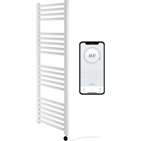 White Electric Smart WiFi Controlled Heated Towel Rail 500mm W x 1200mm H Flat  7 Day Programmable Timer App Compatibility White Element