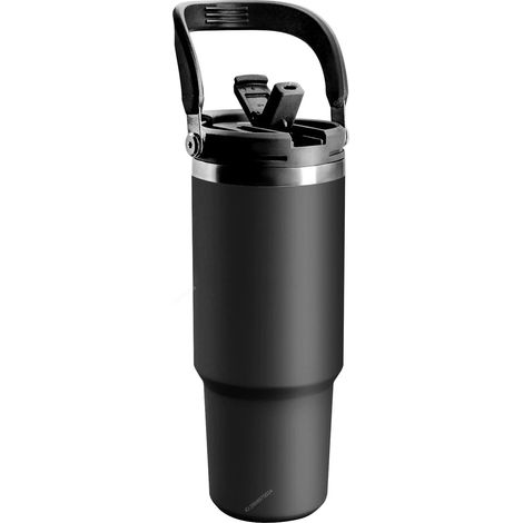 (Noir, 1050ML) Bouteille d'eau isotherme à double paroi en acier inoxydable avec poignée et paille, adaptée aux boissons chaudes et froides. (1/5)