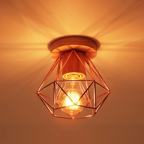 E27 Plafonnier Industriel Rétro Industrielle Luminaire Plafonnier Abat-jour Cage Rose Lampe de Plafond Métal Bois Ø15,5CM - 1Pcs (1/5)