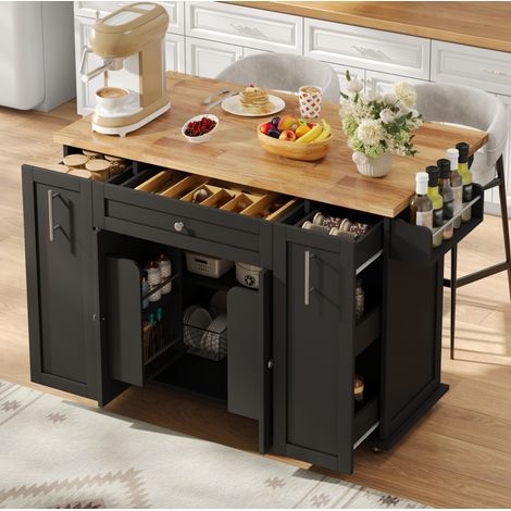 Isla de cocina móvil con encimera abatible, 120 x 45(70) x 87 cm, MDF negro y natural DESVIAE (1/5)