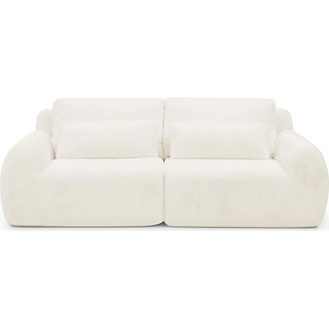 2‑Sitzer Sofa, weiches Kaninchenstil-Kunstfell, hohe Rückfederung, mit USB-Ladeanschluss und seitlicher Magazintasche, geeignet für kleines Wohnzimmer, Wohnung, Arbeitszimmer und Schlafzimmer, Beige