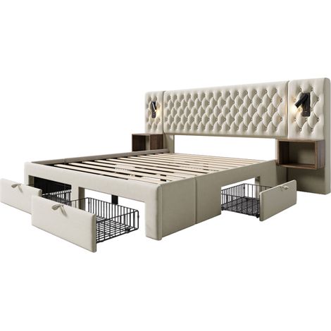 Cama completa 160x200 cm en terciopelo beige con 2 mesitas, 4 cajones y LED HOMVRA (1/5)