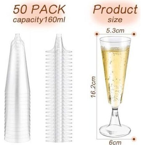 50 Pièces Flûtes à Champagne Transparent, Verres à Champagne en Plastique Élégantes Reutilisables, 160ml Gobelet Verre à Bière Vin Cocktail pour Fêtes, Mariages, Noël (1/4)