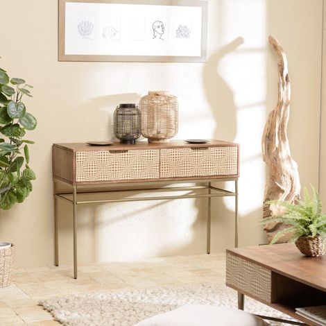 ALIX - Console en bois de manguier 2 tiroirs motifs ethniques (1/5)