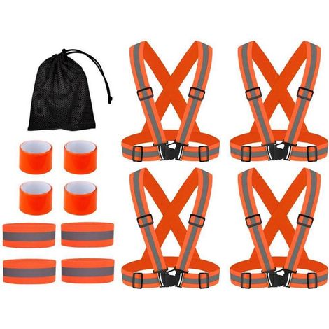 Lot de 4 brassards et gilets de sécurité réfléchissants ajustables avec sac (1/5)