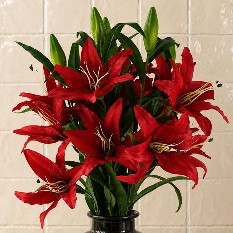 Pack of 6 x 100cm Large Red Lily Stem - 18 Flowers - Premium Quality (1/5)