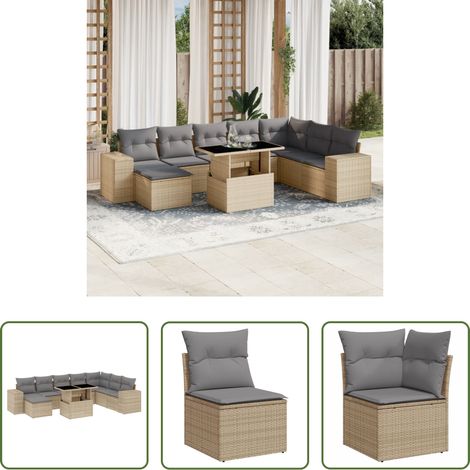 vidaXL Gartensessel - 9-tlg. Garten-Sofagarnitur mit Kissen Beige Poly Rattan (1/5)