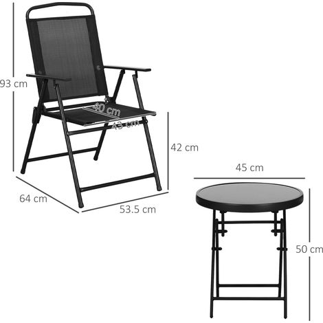 Ensemble de jardin 3 pièces, comprenant 2 chaises (53,5 x 64 x 93 cm) et une table basse (diamètre 45 x 50 cm), en métal noir. (1/5)
