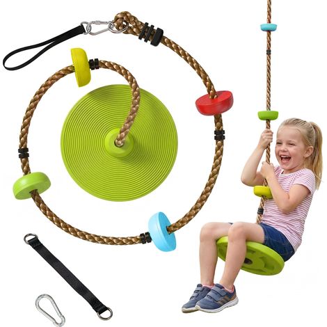 Balançoire à cordes grimpantes avec plateforme et siège disque, aire de jeux extérieure pour enfants de 3 à 8 ans, verte. (1/5)
