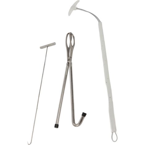 Ensemble d'outils pour la mise bas porcine, en acier inoxydable, comprenant une pince à corde et un crochet. (1/5)