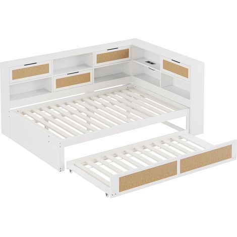 GagaCanapé-lit en bois 140x200 avec lit gigogne et rangements blanc (1/5)
