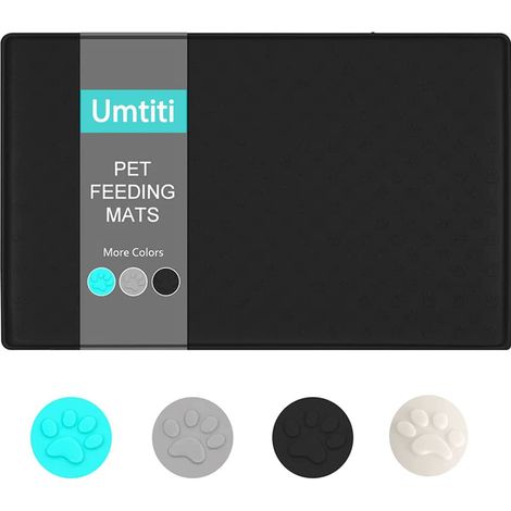 Tapis de gamelle pour chien et chat 48 x 30 cm, imperméable et antidérapant en silicone - Avec bord - Passe au lave-vaisselle - Taille M - 1 pièce - Noir (1/5)