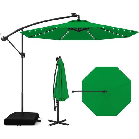 Parasol déporté vert Ø300 cm en polyester avec 32 LED solaires, manivelle et protection UV pour terrasse, jardin et patio