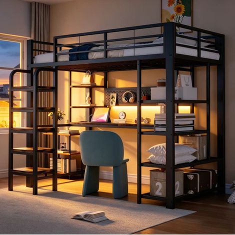 Lit mezzanine 90x200 cm avec LED, prises et bureau, étagères et panneau perforé, métal et bois noir (1/5)