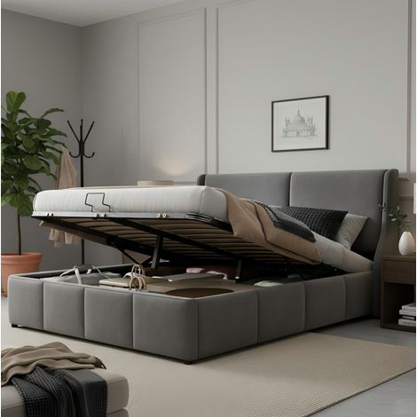 DESVIAE Lit double rembourré avec coffre de rangement hydraulique tête de lit forme oreille en velours gris 140 x 190 (1/5)