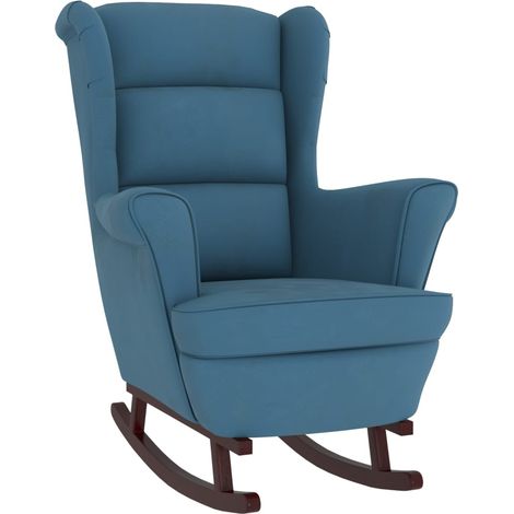 Fauteuil à bascule et pieds en bois massif d'hévéa en velours bleu extra confort DEC029148