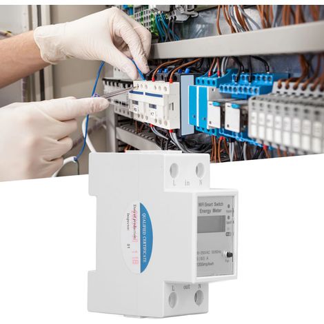 Compteur électrique intelligent Tuya avec Wi-Fi et disjoncteur pour la lecture à distance à domicile, monophasé, sur rail, mesurant le courant, la tension et la puissance (90-250 V). (1/5)