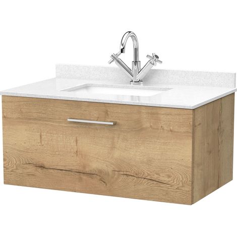 Pershall Contemporary Wall Hung 1 Drawer Vanity Unit with Marble Top with Basin, 800mm, Autumn Oak