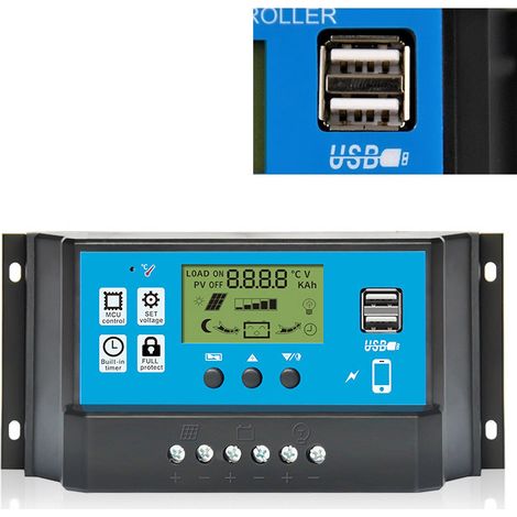Régulateur de charge solaire PWM avec contrôle de la durée d'éclairage et écran LCD numérique pour panneaux solaires 12 V/24 V, 60 A (1/5)