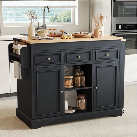 MEUBLIV Îlot de cuisine sur roulettes noir avec plateau extensible, tiroirs et range-épices (1/5)