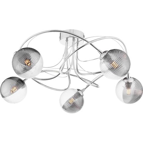 Dar Onawa Plafonnier semi-encastré Onawa à 5 lumières, finition chrome poli et verre fumé/transparent nervuré (1/3)