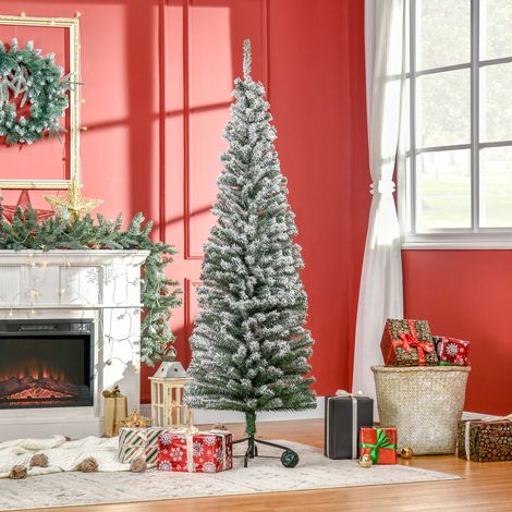Árbol de Navidad Estrecho 180 cm Árbol Navideño Nevado con 492 Ramas y Soporte de Metal para Salón Verde y Blanco (1/5)