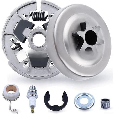 Kit Tambour d'Embrayage 6 Dents pour Tronçonneuse MS170 MS180 MS250 Pignon Métal avec E-Clip pour Réparation Chaîne Pas 3/8 (1/4)