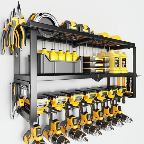 Organisateur mural pour outils, 3 niveaux (charge 150 lb), 7 porte-perceuses. Support robuste pour garage/atelier. Idéal perceuses, outils sans fil. (1/5)