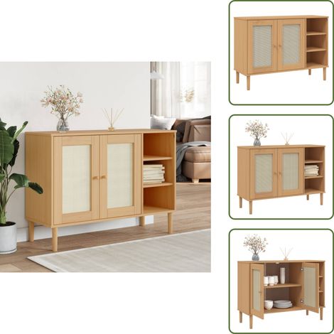Sideboard SENJA Rattan-Optik Braun 112x40x80 cm Kiefernholz - Holz Sideboard - Wohnzimmermöbel - Regal - Schubladenkommode - Vintage Stil