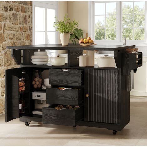 Carrello da cucina mobile con 3 cassetti, ripiani pieghevoli, ruote con freno, 142,5x80x95 cm, MDF nero (1/5)