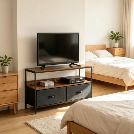 Meuble TV bas avec tiroirs pliables, meuble multimédia avec étagères ouvertes, table TV élégante, buffet polyvalent (uniquement avec meuble TV bas) (1/5)