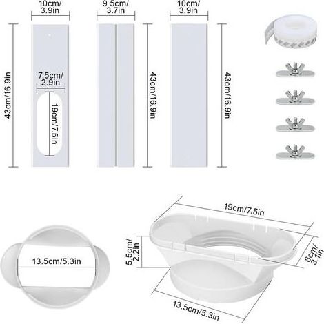 Kit de climatiseur de fenêtre portable, lot de 4 grilles d'aération réglables pour climatiseur mobile, kit de ventilation de fenêtre AC, kit de joint de porte et de fenêtre avec tuyau (1/5)