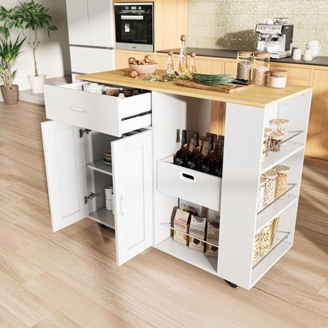 Carrello cucina con isola mobile su ruote, piano di lavoro in legno, cassetto, armadietto, portaspezie rimovibile e vano contenitore - bianco