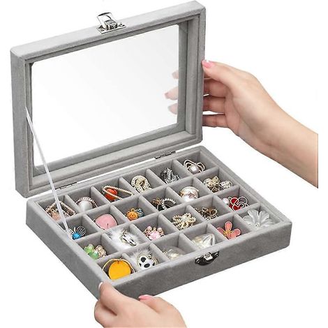 Boîte à bijoux en velours à 24 compartiments en verre et velours, présentoir et organisateur de bagues et boucles d'oreilles avec compartiments ajustables. (1/4)
