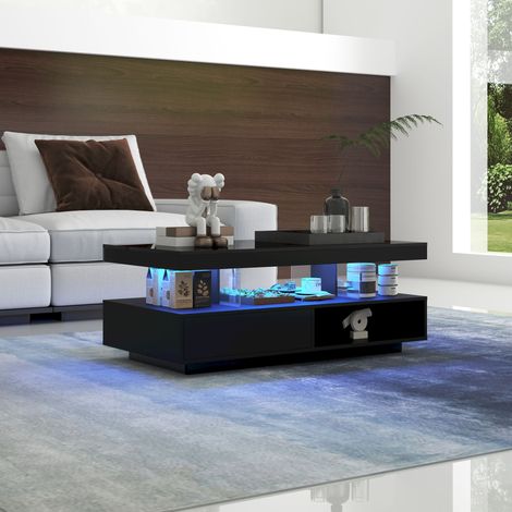 Tavolino Basso con 2 Cassetti e 2 Scomparti, LED Controllata da APP, Piano Laccato, Salotto, 95×50×42,5 cm (1/5)