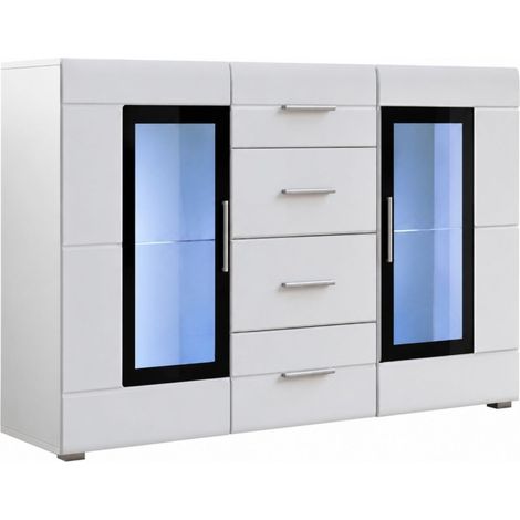 Buffet KRONI con Iluminación LED - 4 Cajones y 2 Puertas con Vidrio - Blanco Mate y Brillante - 150 x 82 x 40 cm (1/5)
