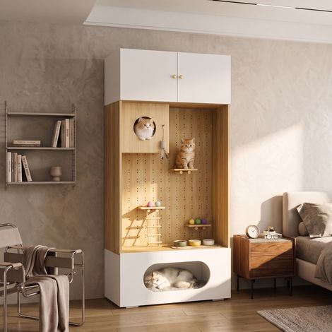 Meuble pour chat avec mur d’escalade, niche, couchage et rangement fermé blanc bois, 90x50x202 cm (1/5)