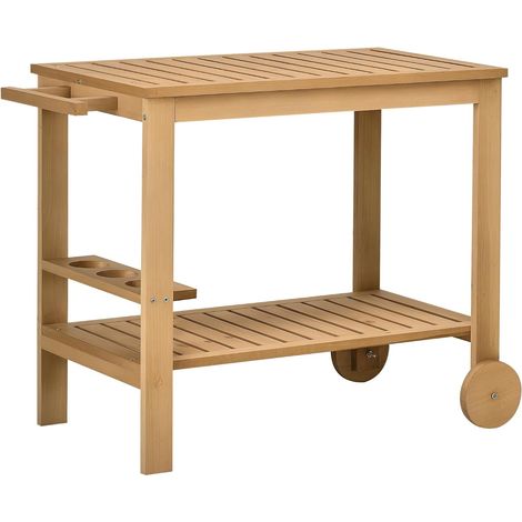 Desserte de Jardin pour plancha et Barbecue en Bois avec Chariot à poignée, 2 Plateaux et Porte-Bouteilles 95 x 47 x 74 cm (1/5)
