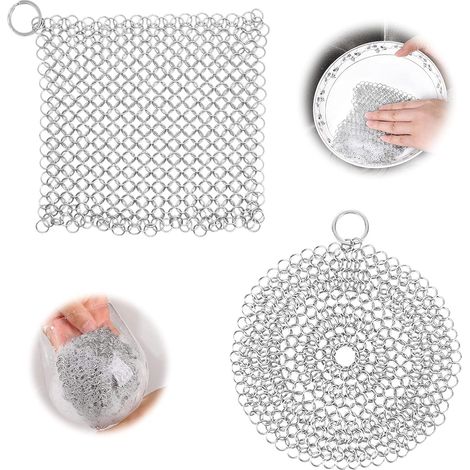 Juego de 2 esponjas de limpieza para hierro fundido, estropajos de acero inoxidable, limpiadores de utensilios de cocina de hierro fundido para sartenes, placas de cocina, sartenes, woks y más, redond (1/4)