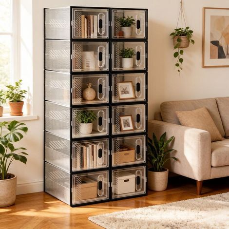 Boîte de rangement à chaussures empilable modulaire – étagère à chaussures, livres, jouets, armoire ou cabine de salle de bain (12 unités) (1/4)