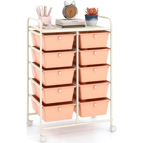 COSTWAY Carrello a 10 Cassetti con Ruote, Carrello di Stoccaggio con Stabilità Elevata, Carrello Multiuso per Casa Ufficio e Scuola, 65,5 x 37 x 87 cm (Rosa carne) (1/5)