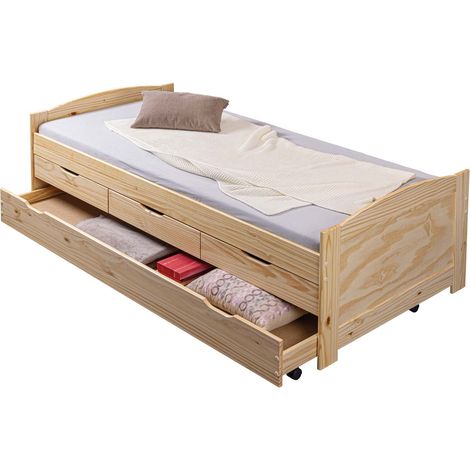 Marinella Einzelbett 90x200 Bett mit Lattenrost, 3 kleinen und 1 grosse Schublade/Gästebett, natur.