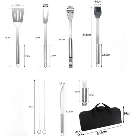 Ensemble de 10 ustensiles de barbecue en acier inoxydable – comprenant une pince à barbecue, une spatule, une fourchette, une brosse, un couteau et des brochettes – livré avec un sac de rangement. (1/4)