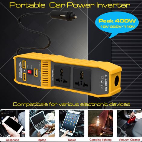 Onduleur de puissance de voiture 400W, haute fréquence sinusoïdale modifiée, convertisseur 12V DC à 220V AC, avec 3 ports USB, 2 prises allume-cigare (1/5)