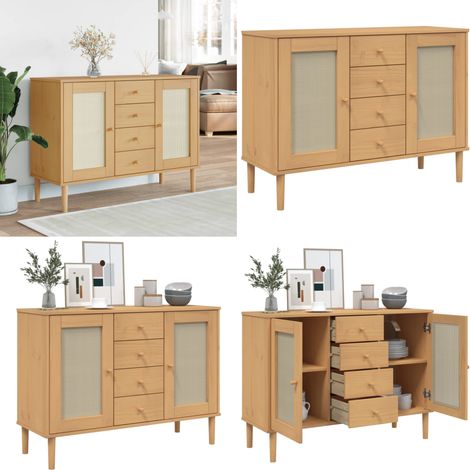 Sideboard SENJA Rattan-Optik Braun 112x40x80 cm Kiefernholz - Schubladenschrank - Holz Sideboard - Wohnzimmermöbel - Regal - Vintage Stil - Home & Living (1/5)