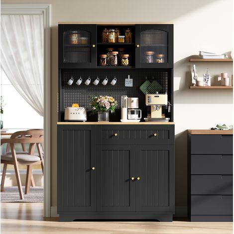 Vitrinenschrank mit Tür, Küchenschrank, Hochschrank, verstellbaren Einlegeböden, Lochblech,Schwarz , 103.5× 40 × 180 cm (1/5)