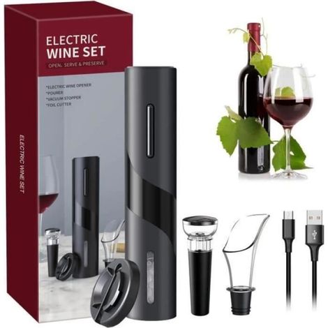 Tire-Bouchon Électrique, Set Cadeau Ouvre-Vin avec Tire-Bouchon Rechargeable, Coupe-Capsule, Bec Verseur à vin et Bouchon (1/4)