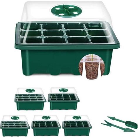 Bac À Semis - 12 Cellules - Avec Couvercle Transparent - Pour Germination Intérieure Extérieure - Lot De 5 (1/5)